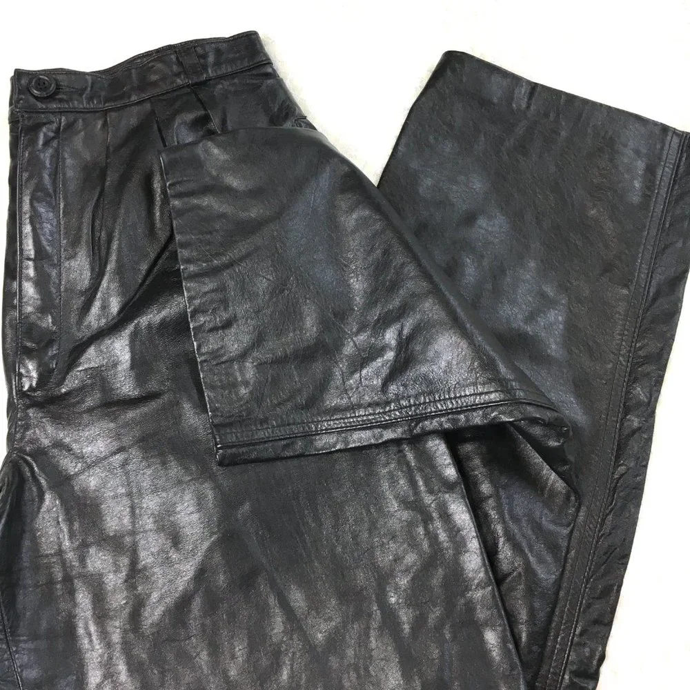 80s Vtg Black Leather High Waist Tapered Pants